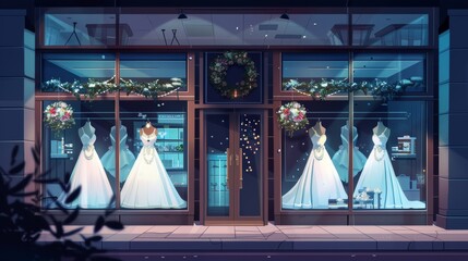 Fashion business cartoon illustration of wedding salon with white gowns on mannequins and jewelry accessories in large illuminated windows. Facade of bridal store on city street. Fashion business