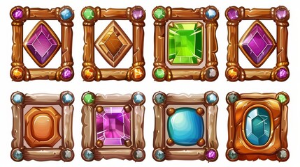 Poster - Modern illustration of a set of square user interface frames, textured medieval borders of bronze or copper metal, with gemstones. Cartoon metallic bordering with gemstones, isolated design elements,