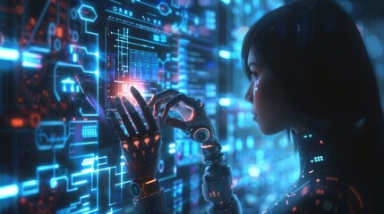 Poster - An android or cyborg woman touches an interactive interface. An AI examines abstract data displays on a hud. A futuristic technology banner shows abstract information on the hud.