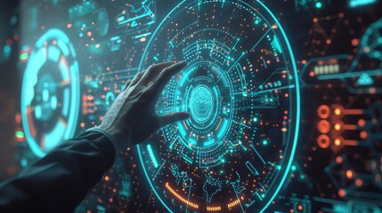 Poster - A futuristic holographic HUD interface as used by scientists. Abstract elements of a virtual digital dashboard as controlled by the user's hands. An amazing scientific infographic on a tach panel.