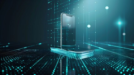 Poster - Realistic modern illustration of an isometric cell phone. Realistic modern illustration of a modern glass smartphone hanging over a table.