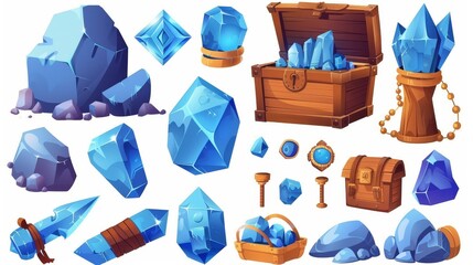 Wall Mural - Symbols of treasure chest and bag containing gem stones. Modern illustration of wooden trunk with crystals. Modern illustration of trophy growth, level reward, pirate loot, fantasy assets, GUI