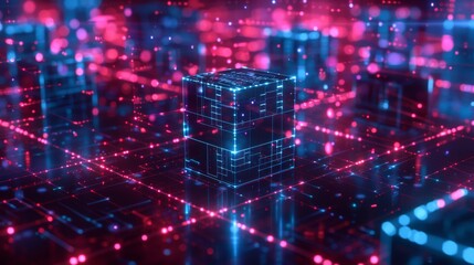 Poster - Blockchain fintech technology and mining cryptocurrency conceptual internet banner. Cube consists of matrix of digits. Block chain of abstract data.