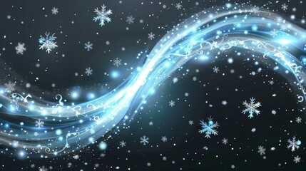 Poster - Flow of fresh freezing flow over a blue blizzard trail. Wind vortex blow with snowflakes, realistic 3D modern illustration of snowflakes and wind vortex.