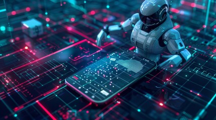 Poster - The concept of artificial intelligence in a phone. A chatbot and internet helper for your smartphone. The concept of a virtual personal adviser for the web. Artificial intelligence in a phone. App of