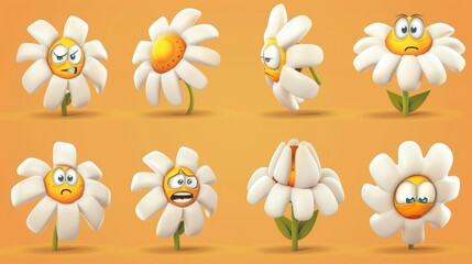 Wall Mural - Cartoon illustration of a daisy chamomile flower with bitten petals and mood expressions. Comic groovy smile, sad, distrusting, and cheerful mood expressions.
