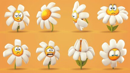 Poster - Cartoon illustration of a daisy chamomile flower with bitten petals and mood expressions. Comic groovy smile, sad, distrusting, and cheerful mood expressions.