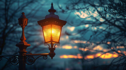 A street lamp flickers to life, its flame a beacon in the twilight.