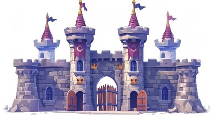Poster - Imaginative fantasy fortress with stone walls, wooden gates, arch and towers isolated on a white background, modern cartoon illustration depicting a princess palace with gold crown.