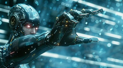 Poster - Image of a female robot or cyborg holding out its hand. A bionic mechanical woman with artificial intelligence. An animation with an alpha channel. Digital technology concept.