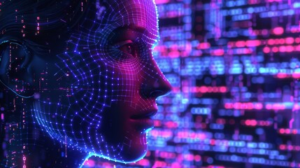 Poster - An AI woman with artificial neural networks along her torso. Neon cyberpunk phrase in the style of the 80s. Consumer electronics banner in the style of the 80's.