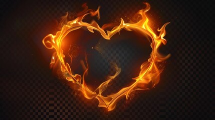 Poster - A fiery modern border template with realistic burning edge effect. Heart and crown shaped burn holes isolated on a transparent background.