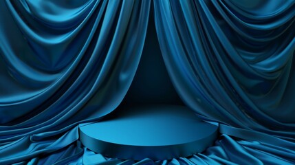 Poster - The top view of this modern mockup depicts a blue podium platform on fabric. 3D product stand on silk or satin drapery background. Dark cosmetic stage display with fabric banner design. Realistic