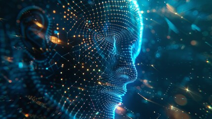 Poster - The abstract face of artificial intelligence consists of glowing dots or particles. The robot's head is located in cyberspace. A neural network is analyzing the data flow. There is a 3D glowing wavy
