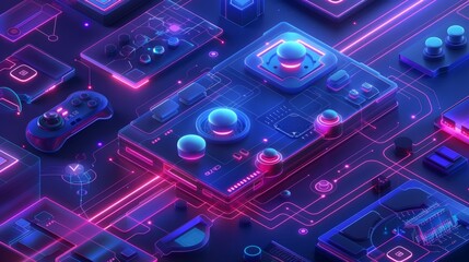 Fototapete - The concept of game dev isometric. Introduction to 3D design and creation of computer games. Scaffolding and programming of digital games, creating a joystick, a gamepad, or a location.