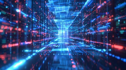 Poster - Cloud computing, big data analysis in data centers. Storage, protection, processing of digital information in the Internet. Server racks in datacenters compute statistical and social media data.