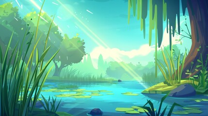 Wall Mural - Animated cartoon of a swamp in the forest with reeds. Illustration of a lake with marsh plants on the shore of the lake. No one in an outdoor park environment with green willow tree stems and