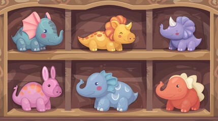 Wall Mural - Cartoon game shelf for baby store. Wood shop rack element for kindergarten or store design with elephant, dinosaur, horse, and rabbit isolated on white background.