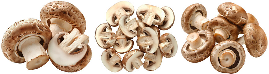 Wall Mural - Champignon collection, whole mushroom and cut in slices, isolated on a white background