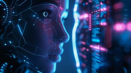 Poster - Robot or cyborg looking at virtual HUD interface. Machine learning concept. Technological frame to display text or picture in electronic technology style. Face of an android.