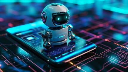 Poster - AI in mobile. Mobile online chat bot. Cyborg or robot with AI look out of screen phone. Chatbot, internet helper, virtual support of web services. Technology concept.