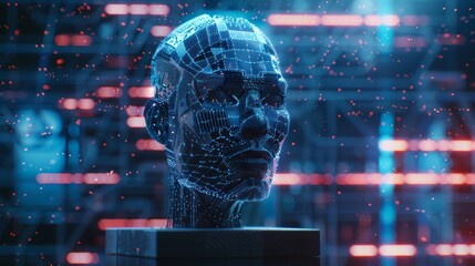 Poster - In virtual cyberspace, image robot head hovers over podium. Humanoid face of mechanical cyborg on pedestal with electronic brain.