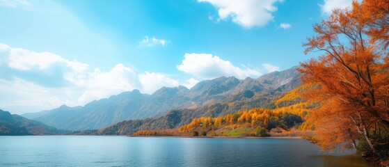 Wall Mural - Serene Autumn Lake with Colorful Foliage Mountains