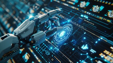Poster - This robot mechanical arm or hand presses the finger on the button, resulting in a virtual holographic interface HUD on a touch screen. This is a futuristic design concept guided by Artificial