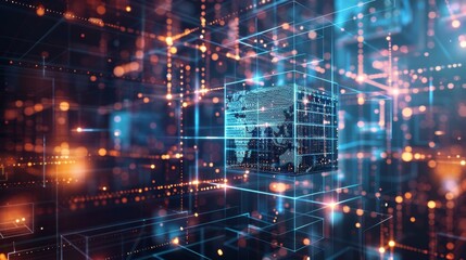 Poster - The world map communicates with the cube or block of abstract data based on the Internet. Cloud computing, networked computing and shared access.