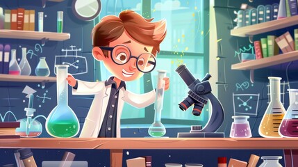 Cartoon illustration of a young boy in a science lab. Beaker, microscope, glass tube equipment on a classroom table. University character in chemistry lab for an experiment.