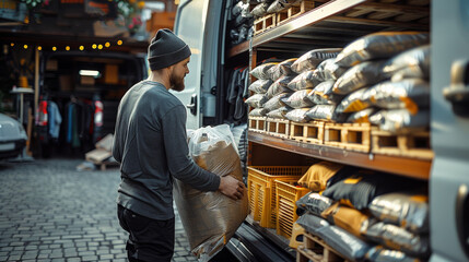 Poster - A person unloading poly bags filled with tee shirts from the back of an open van, set in front of a delivery van which has poly mailers bags stacked inside. summer time and bright. Generative AI.
