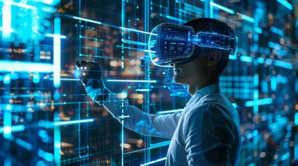 Poster - VR technology in industry. Man in virtual reality looking at HUD holographic interface projections. Futuristic scientist working in cyberspace with Augmented Reality headsets.