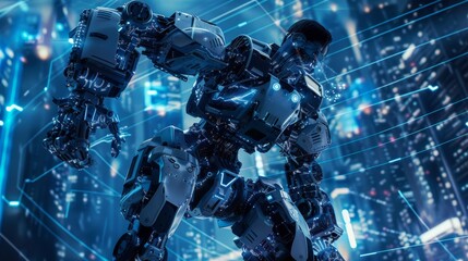 Poster - A large exo suit with a robotic exoskeleton inside. A mecha robot replicating a humanoid's movements. A man linked to the robotic exoskeleton through a neurointerface.