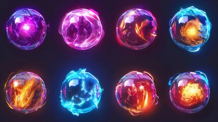 Poster - Realistic modern illustration of glowing orb with magic power. Set of colorful luminous globes, characterized by neon light effect and plasma rays.