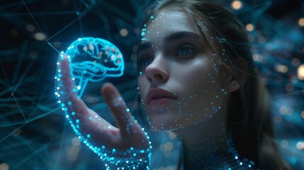 Poster - Image robot woman holding an object in her palm of the hand. Cut out Mockup PNG. Beautiful Woman cyborg with artificial mind. Computer neural network concept.
