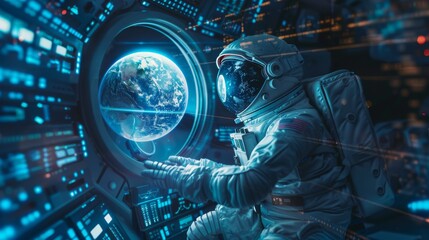 Spacesuit wearing woman hovers in weightlessness inside spaceship against background of hologram of Earth on a monitor. Woman cosmonaut works in weightlessness with control panel of space station.