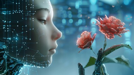 Poster - An AI face profile, with a humanoid head that holds a robotic flower. A concept of the future in which a computer neural network learns the world. AI with Digital Brain analysis. Industry 4.