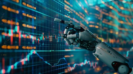 Poster - AI trader. Hand robot pointing at candlestick graph on smartphone screen. Artificial intelligence trader in app. Artificial neural network in app for online trading.