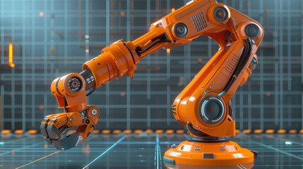 Poster - Robot arm. Automated orange robotic arms or industrial 3D manipulator positioner isolated on transparency background. Hydraulic mechanical robot on factory. Machine crane. Machinery hand.