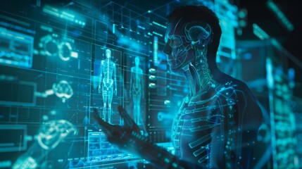 Poster - A doctor using artificial intelligence to diagnose diseases. A medical report describing a patient's health on a 3D screen with medical interface, data of analysis. Telemedicine. Computer scans of