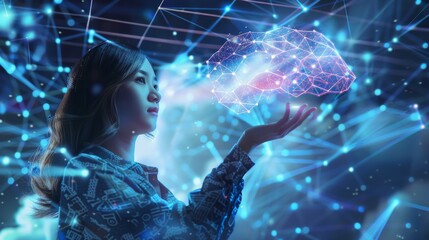 Poster - An AI robot woman holds in her palm digital data from an internet cloud storage service. AI technology for cloud computing, training artificial neural networks.