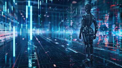 Poster - A robot AI trader running on a business chart of a growing stock exchange market. A woman robot trader on the forex market assisted by an AI. An automated trading system. Computer algorithms that