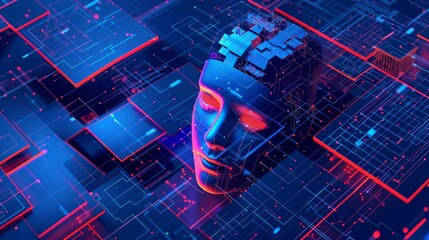 Poster - Artificial intelligence chat bot development. Computer chip technology. AI isometric robot head. AI concept banner.