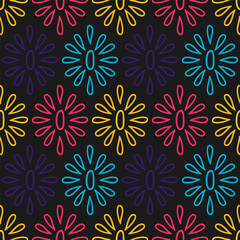 Wall Mural - Seamless pattern with colorful outline flowers