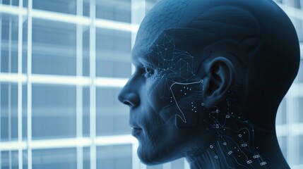 Poster - An artificial intelligence-based image shows a humanoid face and its head in profile view. An artificial intelligence solving a problem. An artificial intelligence looks thoughtfully at the head and