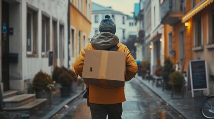 Poster - A behind view of a delivery driver delivering a parcel to a customer. Generative AI.