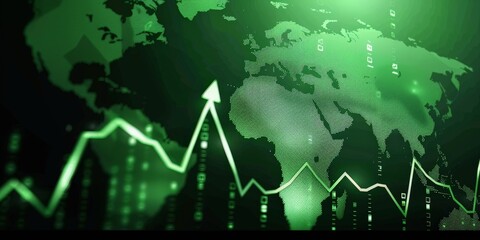 Poster - green stock market graph rising up with digital globe background. global stock market rally or recov