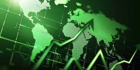 Poster - green stock market graph rising up with digital globe background. global stock market rally or recov