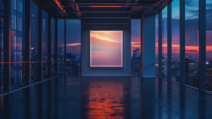 Poster - Empty room with a cityscape view and a frame background for art and design, featuring a city skyline and sunset, with copy space text, for gallery and exhibition.