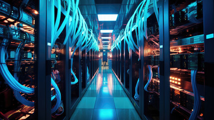 Sticker - Futuristic Data Center With Blue Neon Lights